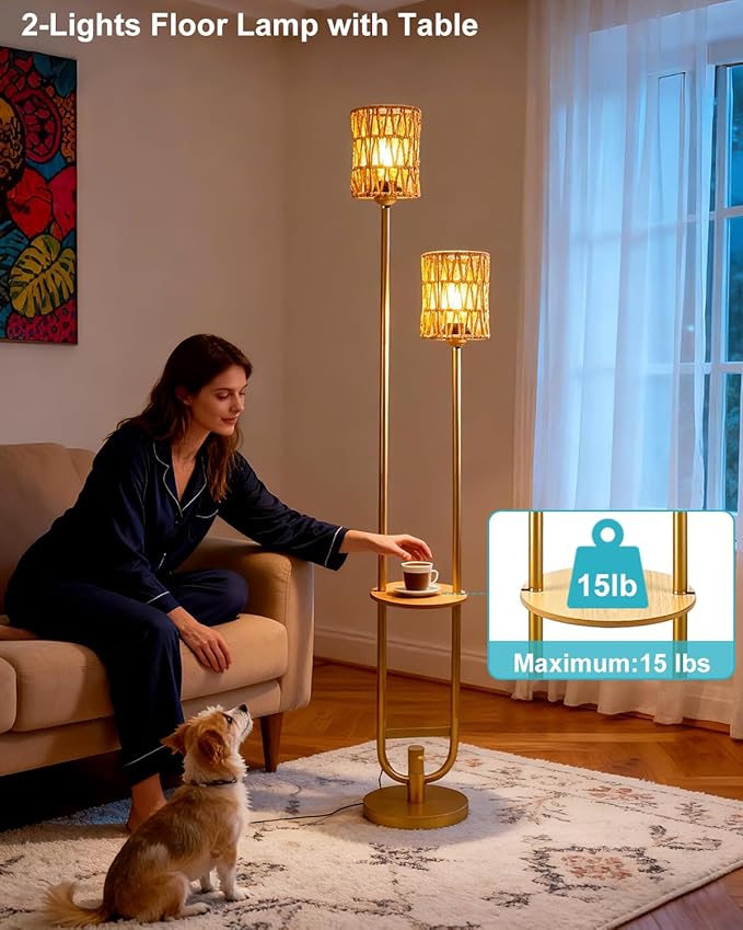 Lightdot 63IN Gold Floor Lamp with 2 Rattan Shades Mid Century Standing Lamps with Warm White LED Bulbs, Unique Vintage Tall Floor Lamp for Living Room/Wedding/Party