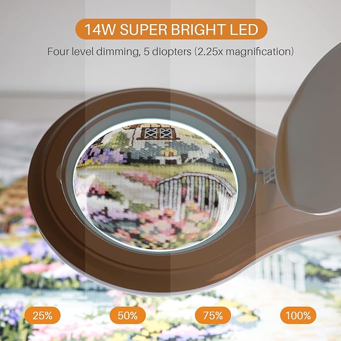 Bemelux LED Magnifying Lamp with Clamp, 5 Inch Magnifier Glass Lens, Metal Swing Arm Dimming 1200 Lumens Lighted Magnifying Desk Lamp for Crafts, Bright 60PCS LEDs - 2.25X Magnification(White)