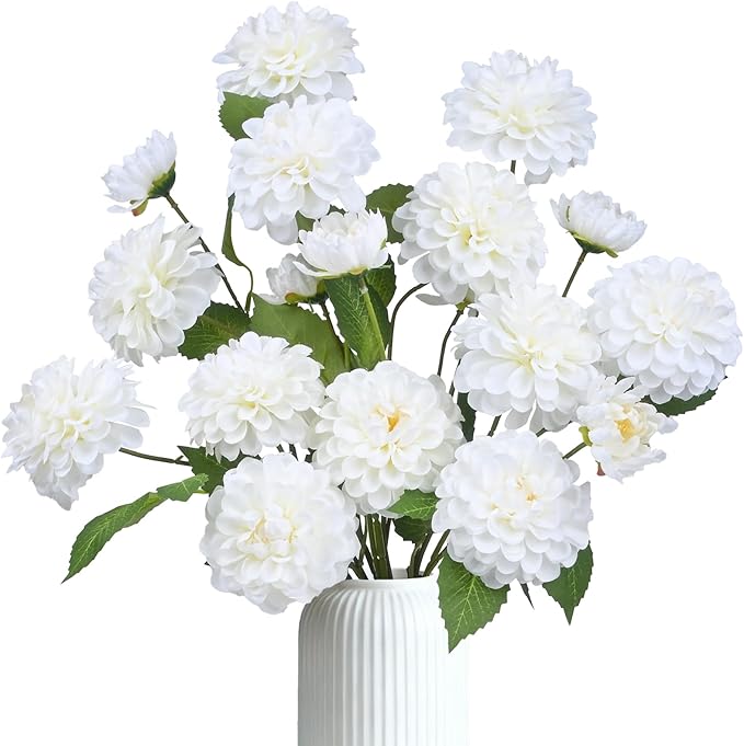 6Pcs Fake Artificial Pompon Mums Flowers Indoor with Long Stems Ball Chrysanthemum Faux Silk Flowers for Vase Floral Arrangement for Spring Home Decor Centerpieces for Table Kitchen Decoration