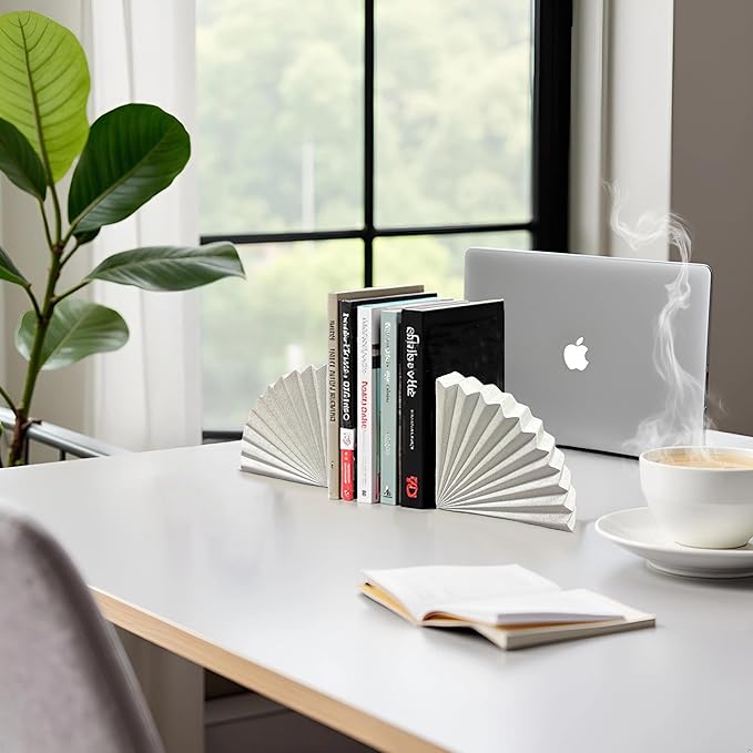 Off-White Fan Shape Bookends Set of 2 – Minimalist Resin Decorative Book Stoppers, Modern Book Ends for Home Office Shelf Organizer
