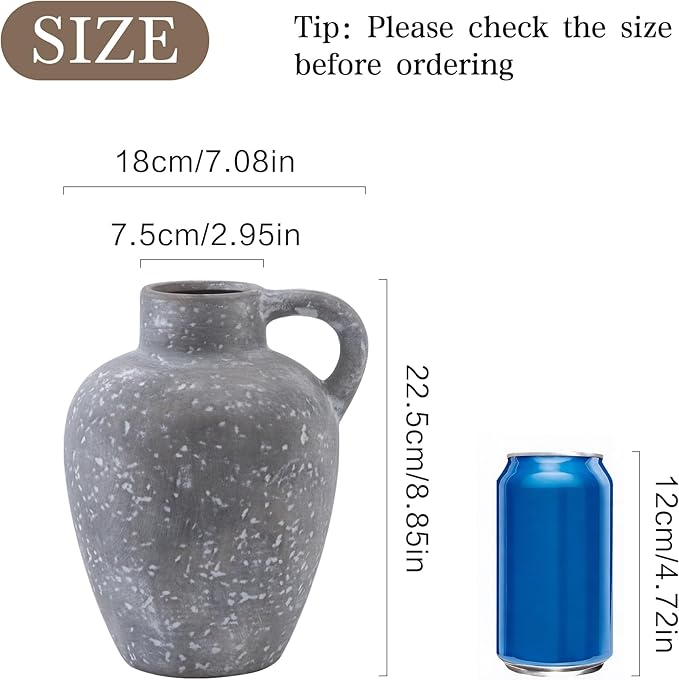 Ceramic Decorative Flower Vase with Handle, 8.85 Inch Pottery Rustic Farmhouse Vase for Home Decor, Living Room, Shelf Decor, Wedding, Housewarming Gift