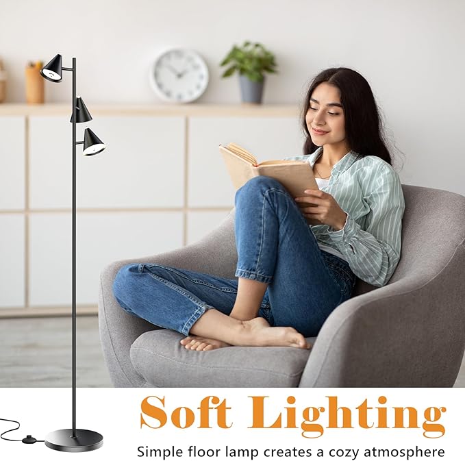 KimYan Tree Floor Lamp with Remote, Dimmable 3 Rotatable LED Lights, 5 Color Temperatures, 63" Modern Standing Lamp for Living Room, Bedroom, Office Reading Light