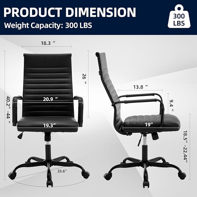 Haranuo Conference Room Chairs, Ergonomic Executive Office Chair, Ribbed Leather Desk Chair with Lumbar Support, Adjustable Height Mid-Back Swivel Chair with Padded Seat