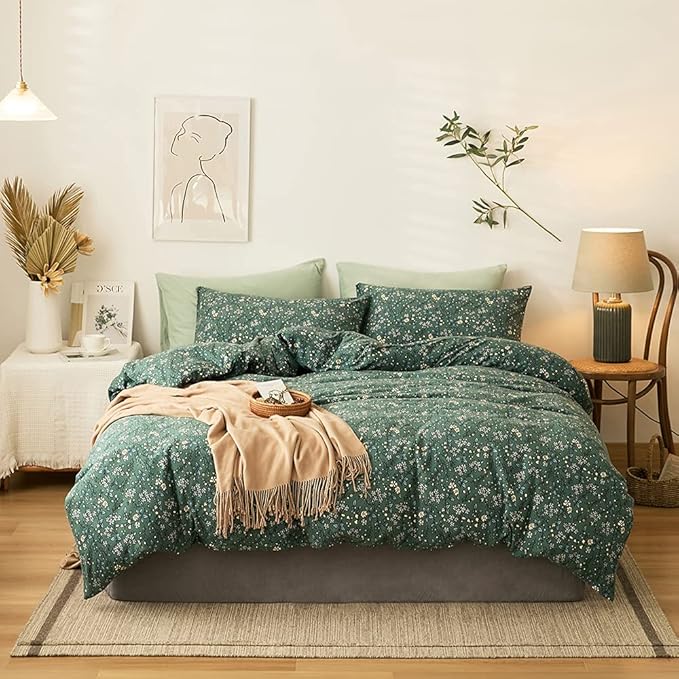 LifeTB Green Floral 100% Jersey Knit Cotton Duvet Cover Queen Vintage Style Botanical Floral Bedding Set Chic Shabby Green Floral Comforter Cover Girl Women Flower Bedding Cover with 2 Pillowcases