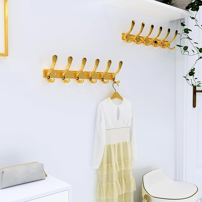 SKOLOO Coat Rack Wall Mounted - 6 Hooks, Pack of 2, Heavy Duty, Stainless Steel, Metal Wall Hangers, Sturdy Coat Hooks for Hanging Coats, Jacket, Clothes, Hat, Bright Gold