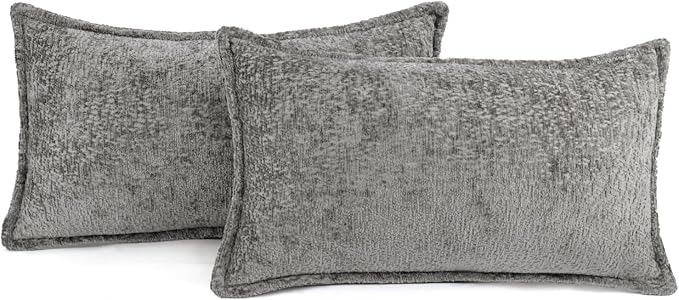 DEZENE Pack of 2 Grey Decorative Throw Pillow Covers 12x20 Cozy Soft Chenille Accent Vintage Rectangular Lumbar Couch Pillow Covers for Home Decor Bed Sofa Living Room