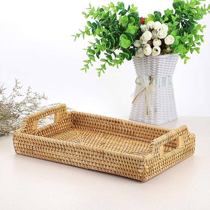 Hipiwe Rattan Serving Tray with Handles - Hand-Woven Decorative Tray for Storage Breakfast, Drinks, Snack,Rectangular Basket Organizer Tray for Coffee Table, Home Decor (Small)