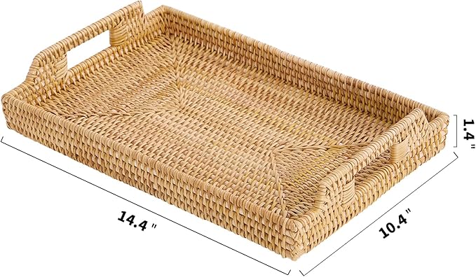 Rattan Rectangular Serving Tray with Handles, Hand-Woven Wicker Decorative Tray for Coffee Table,Vintage Boho Style Decor for Dining, Kitchen, Bathroom, Outdoor(14.4"x10.4"x1.4")