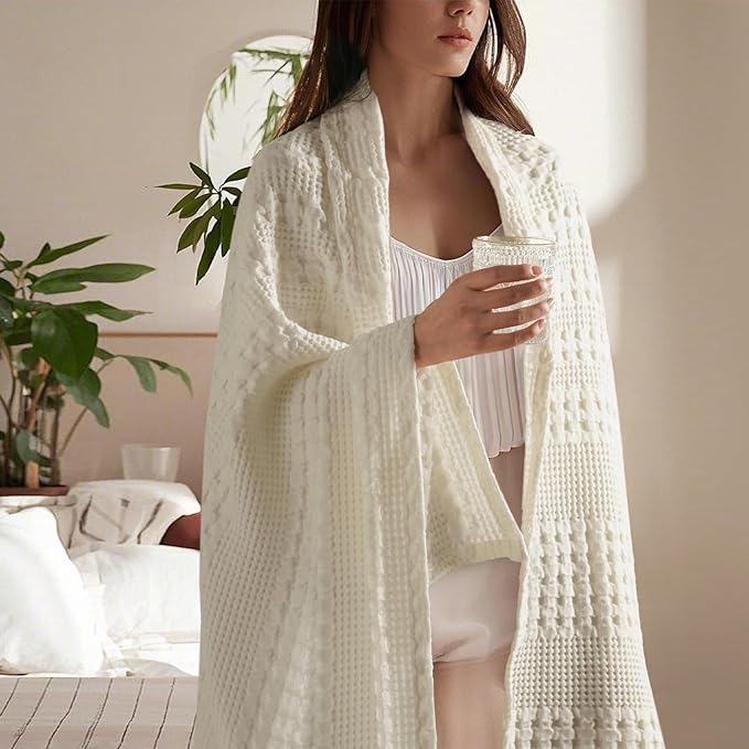 PHF 100% Cotton Waffle Weave Throw Blanket, Soft Lightweight Breathable Cozy Throws for Couch Bed Sofa, 300 GSM Luxury Aesthetic Blanket Gift for Home Decor & Office, 50"x60", Ivory