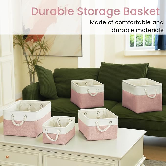 Large Storage Baskets- 16x12x12 inch Storage Bins for Shelves and Closet Organizing, Foldable Fabric Bin for Home Organization Clothes and Laundry (3-Pack, White&Pink)