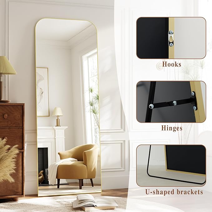 Full Length Mirror 64"x21" Mirror Full Body with Aluminum Alloy Frame Top Square-Edged Floor Mirror with Stand for Bedroom Living Room Gold
