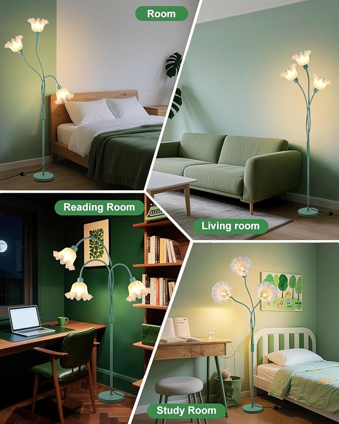 ACOHOOK Flower Floor Lamp for Living Room, Modern Tree Floor Lamp with Adjustable Heads, 3 Light 3000K Soft Warmwhite Mid Century Standing Tall Lamp for Bedroom Kids Room-Green