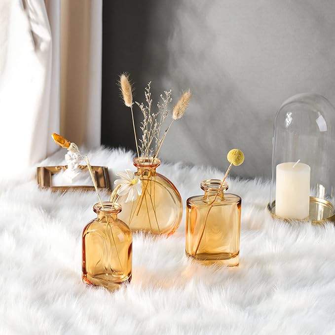 Joeyan Amber Glass Bud Vase Set of 3 - Decorative Rustic Flower Vase - Small Bottle Vase Centerpieces for Wedding, Home, Office, Table Décor