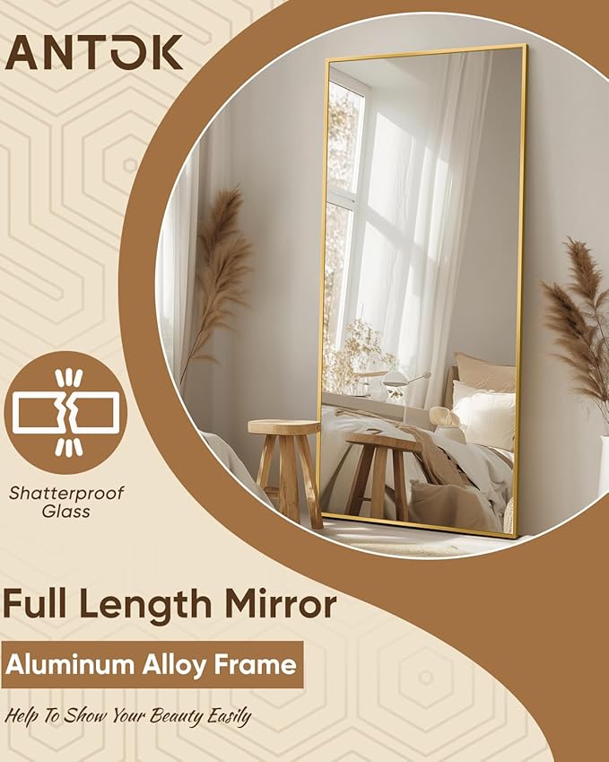Antok Full Length Mirror, 58"x21" Floor Mirror with Stand, Hanging Mounted Mirrors for Bedroom, Living Room, Cloakroom, Dining Room, Gold, Rect