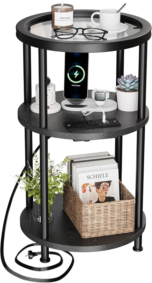 Homeiju Round Side Table with Glass Top, 3-Tier Glass End Table with USB Ports & Power Outlets, Bedside Table for Small Space for Living Room, Balcony, Bedroom, Black