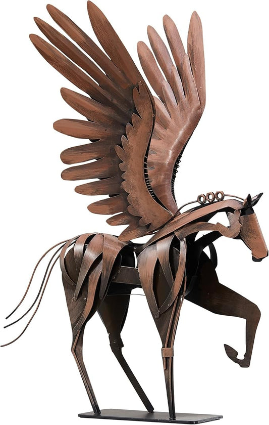 Horse Statue Décor Artwork, 24" H Handmade Metal Pegasus Greek Flying Horse Sculpture, Hand-Painted Animal Figurines for Home Living Room Office (Vintage Brown with Wings)