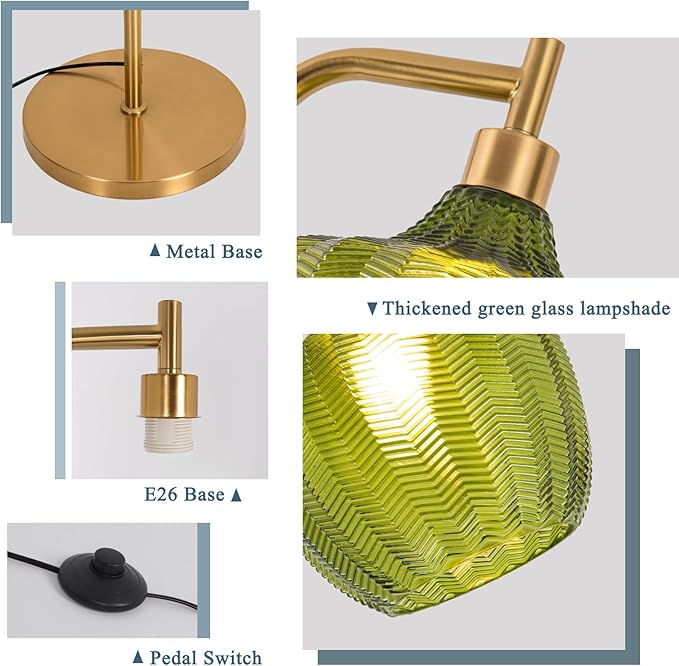 JERANDO Gold Floor Lamp for Living Room, Modern Standing Lamp with Remote, 3CCT Dimmable Stained Glass Tall Lamp with Green Lampshade, Mid Century Vintage Floor Lamps for Bedroom, Study Room (Green)