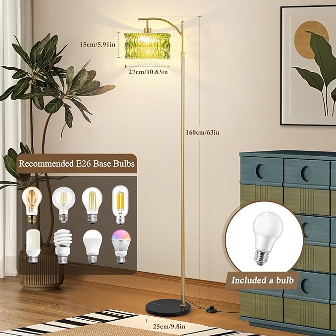 JERANDO Glass Floor Lamp for Living Room, Modern Gold Standing Lamp with Remote Control & 3 Color Temperature, Green Floor Lamps with Glass Lampshade Dimmable Tall Floor Lamp for Bedroom Corner