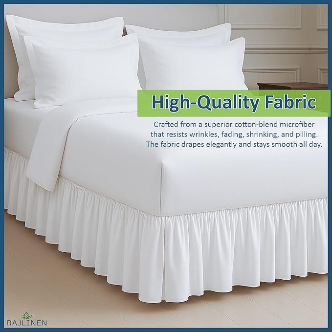 Rajlinen Ruffled Bed Skirt Twin XL, 18 Inch Drop Dust Ruffle with Split Corners, 100% Microfiber Bedskirt with Platform, Three-Sided Coverage Ruffled Gathering Design, White