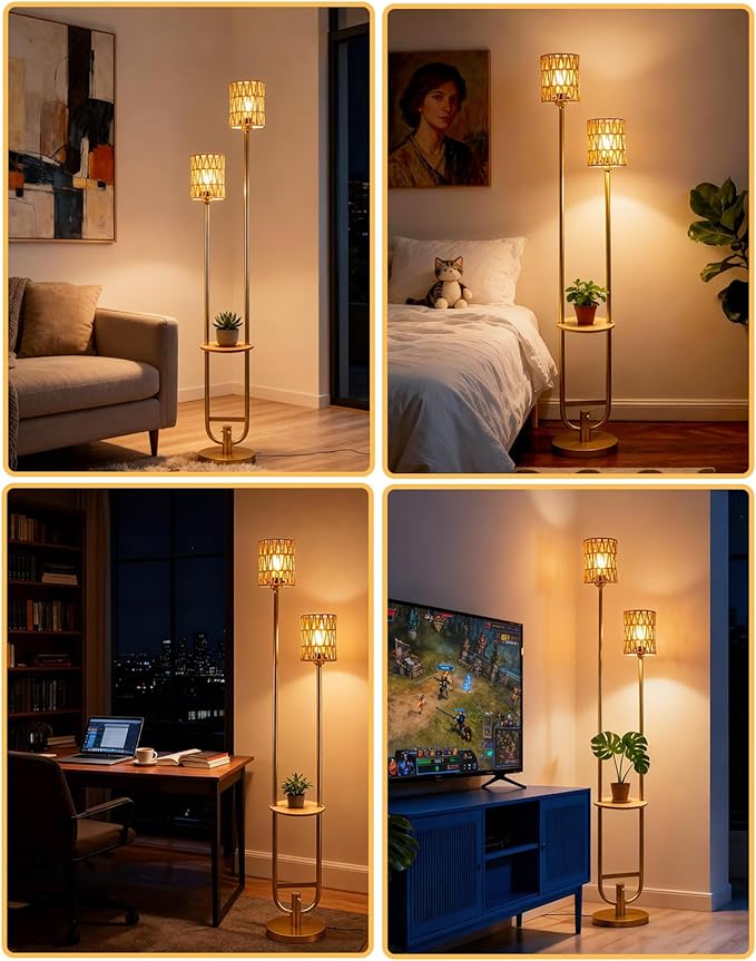 Lightdot 63IN Gold Floor Lamp with 2 Rattan Shades Mid Century Standing Lamps with Warm White LED Bulbs, Unique Vintage Tall Floor Lamp for Living Room/Wedding/Party