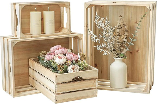 Large Wooden Crates Unfinished Set of 4 Storage Crates, Decorative Wood Storage Crate for Display Rustic, Nesting Wooden Container Boxes Made from 100% Wood