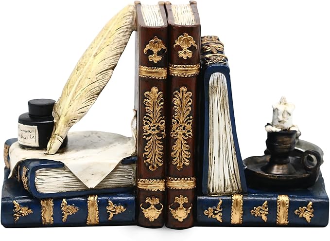 Vintage Book Ends for Shelves,Book Ends for Heavy Books,Deluxe Feather Quill Pen Ink Bottle with Oil Lamp Decorative Bookends,Heavy Duty Bookends for Large Books，Magic Home Decor