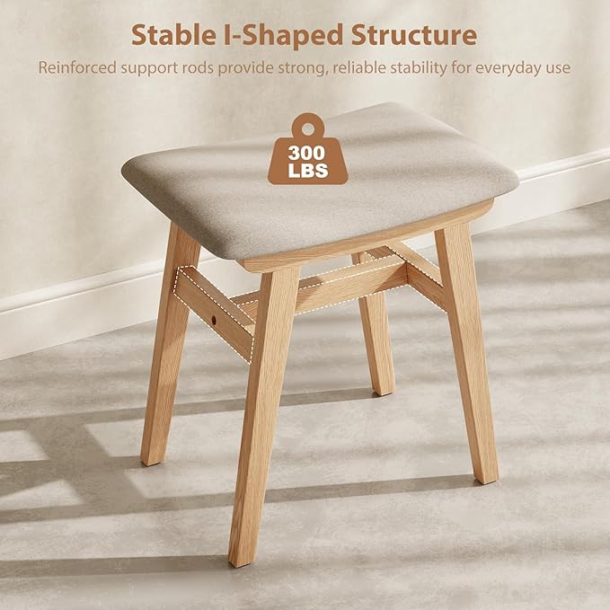 Solid Wood Vanity Stool, Compact Makeup Chair with Saddle Cushion, Linen-Covered High Rebound Sponge Seat, Easy Assembly Footstool for Bedroom, Entryway, Home, Natural