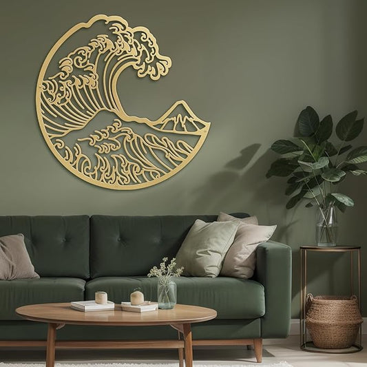 SIGNLEADER Metal Wall Art Decor The Great Wave Landscape Minimalist Modern Abstract Wall Sculpture Hangings Home Decoration for Living Room, Bedroom, Bathroom, Kitchen, Outdoor - 18" Gold