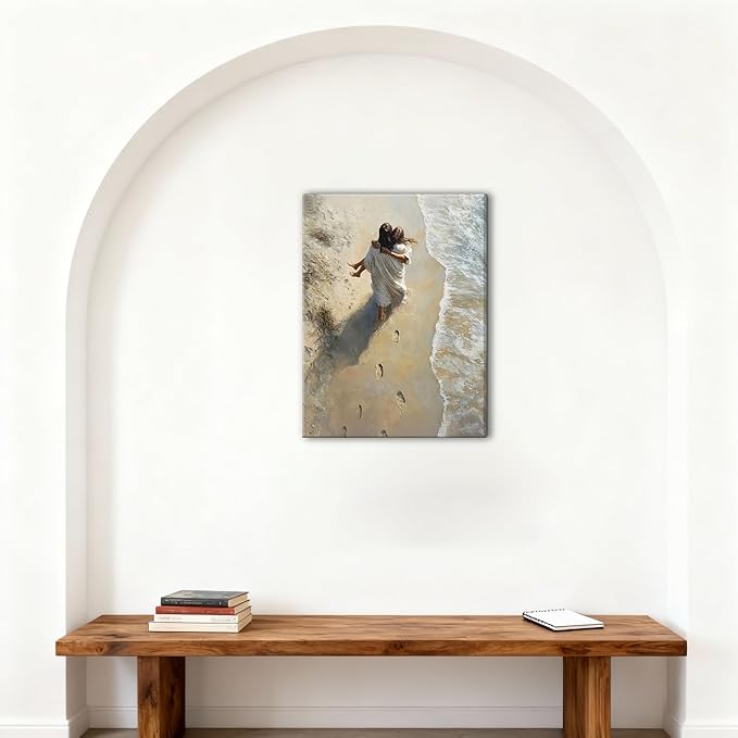 Jesus Holding Woman Wall Art, Jesus Footprints in the Sand Canvas Prints Wall Decor Paintings Christian Wall Art Home Decor Pictures for Living Room Church Prayer Room 16x24 Inch Framed