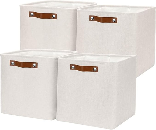 HNZIGE Foldable Cube Storage Bin(4 Pack) Storage Baskets for Shelves, Closet,12x12 Storage Cube Bins Baskets for Cube Organizer, Fabric Storage Cubes for Storage Home Organization with Handles(Cream)