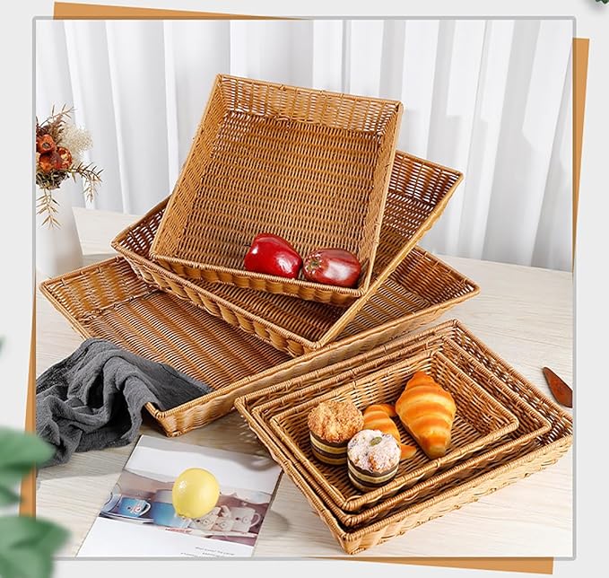 Poly Wicker Bread Basket, Hand Woven Food Storage Room Organizer, Fruits, Vegetables and Snacks Tabletop Food Serving Basket, Restaurant, Hotel Service, Brown (16“2pack)