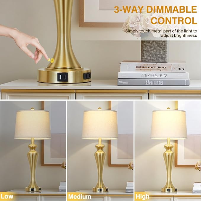 30" Table Lamp Single, 3-Way Dimmable Touch Bedside Lamp with USB A+C Ports and AC Outlet, Tall Living Room Lamps for Side Table, Modern Bedroom Lamp for Nightstand, Gold-1PK