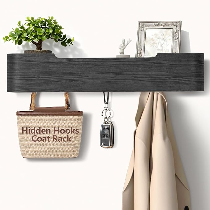 Coat Rack Wall Mount with Shelf 5 Hidden Hooks Modern Wooden Key Holder Entryway Organizer for Hallway Bedroom Bathroom Home Decor Storage for Hanging Coats Hats Bags Towels, Black