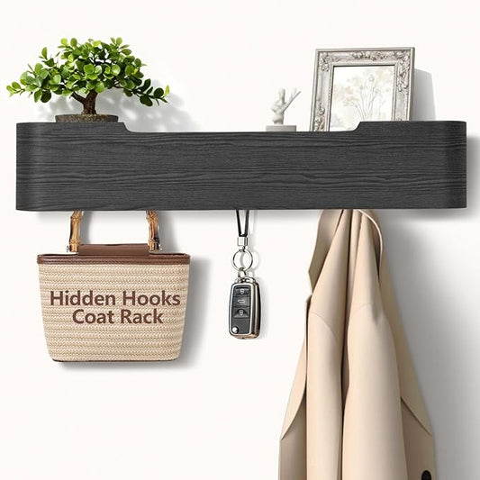 Coat Rack Wall Mount with Shelf 5 Hidden Hooks Modern Wooden Key Holder Entryway Organizer for Hallway Bedroom Bathroom Home Decor Storage for Hanging Coats Hats Bags Towels, Black
