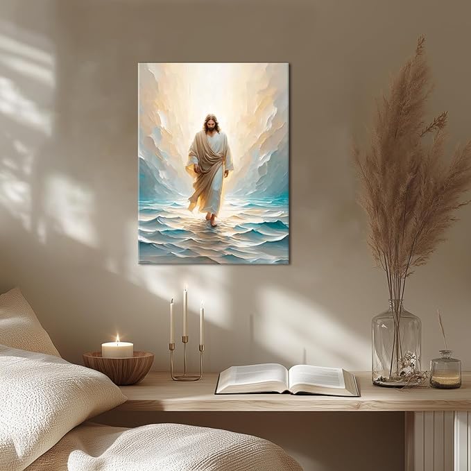Jesus Walking on Water Canvas Wall Art Religious Christian Bible Stories Poster Oil Painting Wall Decor Religious Savior Pictures Aesthetic for Living Prayer Room Church Bedroom 12x16 in Framed