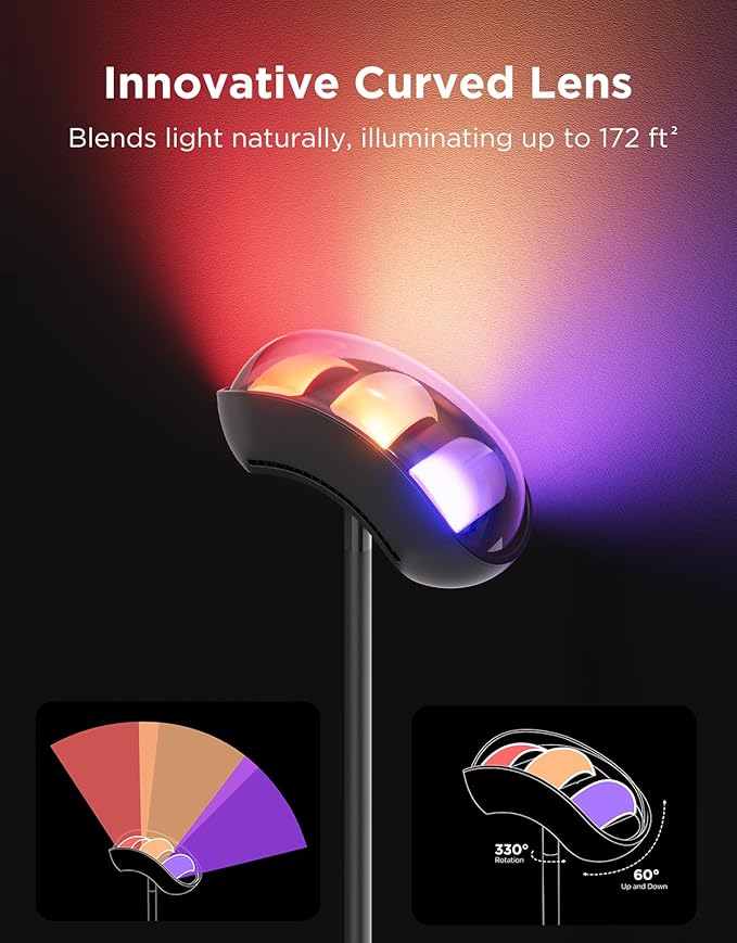 Govee Torchiere Floor Lamp with Matter, Alexa Compatible, RGBIC Warm Cool White Standing Lamp with 77 Scene Modes, Music Sync, 67" Modern Floor Lamps for Living Room Bedroom, Black, 172 ft² Light Area
