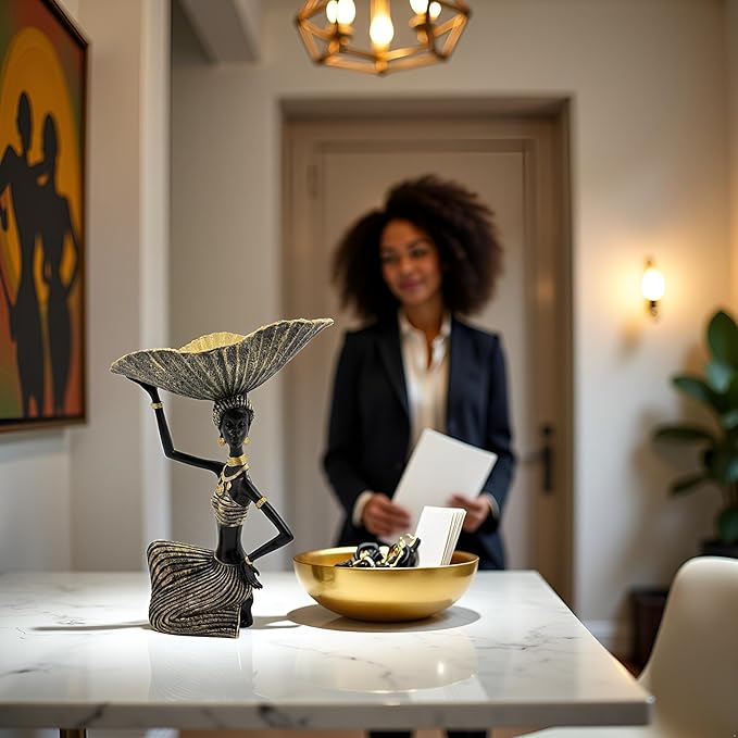African Woman Carrying Bowl Statue – Resin Figurine, Black and Gold Tribal Sculpture, African Cultural Decor, Jewelry Candy Holder Dish
