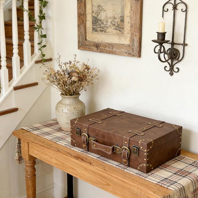 Vintage Leather & Wood Storage Box – Compact Decorative Suitcase Chest with Classic Design, Perfect for Keepsakes, Travel, and Home Organization