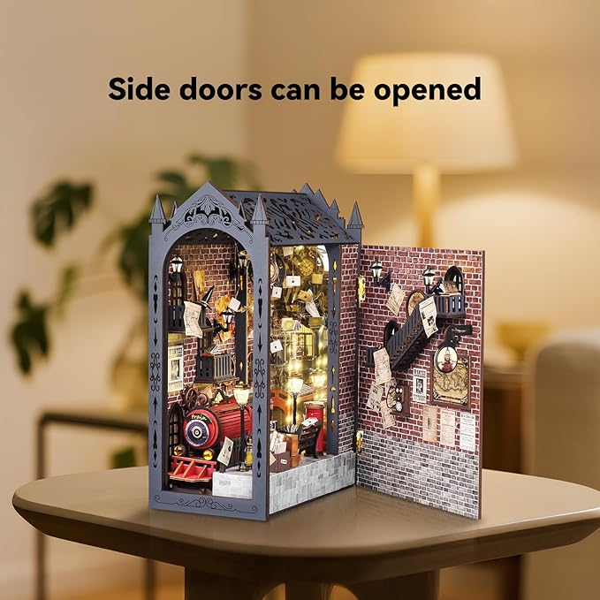 suruim DIY Book Nook Kit Bookend Puzzle Miniature Nook Library Bookshelf Insert Bookends Decoration Books Ornaments Gifts for Adults (Train Station)