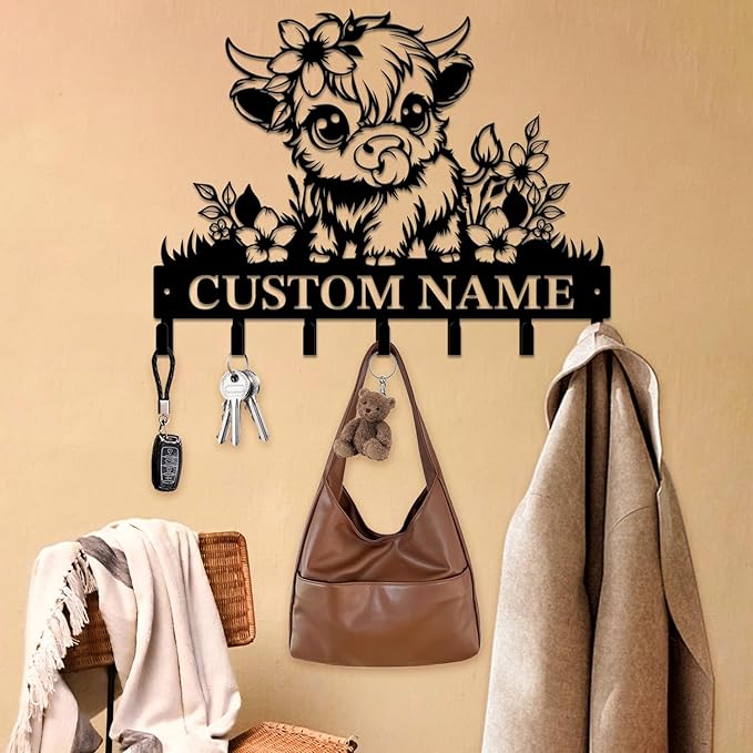 magilab Personalized Custom Highland Cow Wall Hooks,Metal Highland Cow Art Clothes Hooks,Metal Highland Cow Wall Home Storage Decorative,for Front Door, Hallway, Kitchen, Bedroom,Keys,Hats (Style E)