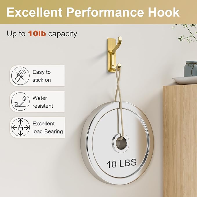 pickpiff Adhesive Wall Coat Hooks - Heavy Duty Stick-On Door Hanger, Metal Hook for Hanging Towel,Purse, Robe, Backpack, Jacket, Clothes - for Bathroom,Dorm, Closet, Kitchen - Gold, 4 Pack