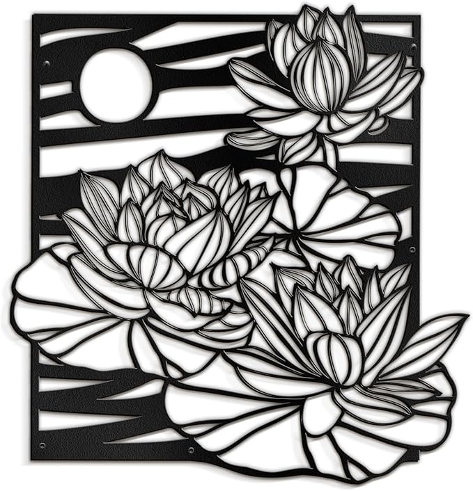 SIGNLEADER Metal Wall Art Decor Lotus, Moonlight Minimalist Modern Abstract Wall Sculpture Hangings Home Decoration for Living Room, Bedroom, Bathroom, Kitchen, Outdoor - 18" Black