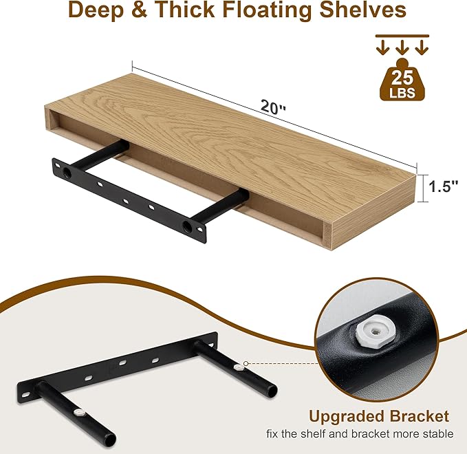 Fun Memories Floating Shelves for Wall, 20Inch Floating Shelves Set of 2, Hanging Shelf with Invisible Brackets, Wood Shelves for Living Room, Bedroom, Kitchen, Oak