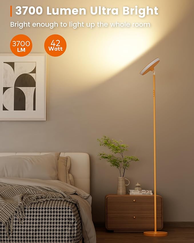 WOWLUMEN UFO Floor Lamp 71in, Upgraded 42W 3700LM LED Torchiere Floor Lamps for Living Room, Modern Tall Bright Standing Light with Remote, Dimmable Sky Light,1/2/3H Timer for Bedroom,Office(Orange)