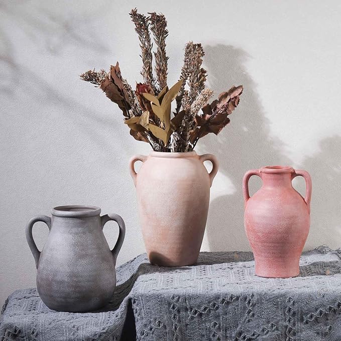 Ceramic Vase for Flowers, 8 inch Rustic Farmhouse Red Vase, Handcrafted Weathered Pottery Vases, Small Decorative Terracotta Vases for Home Decor, Living Room, Table, Shelf