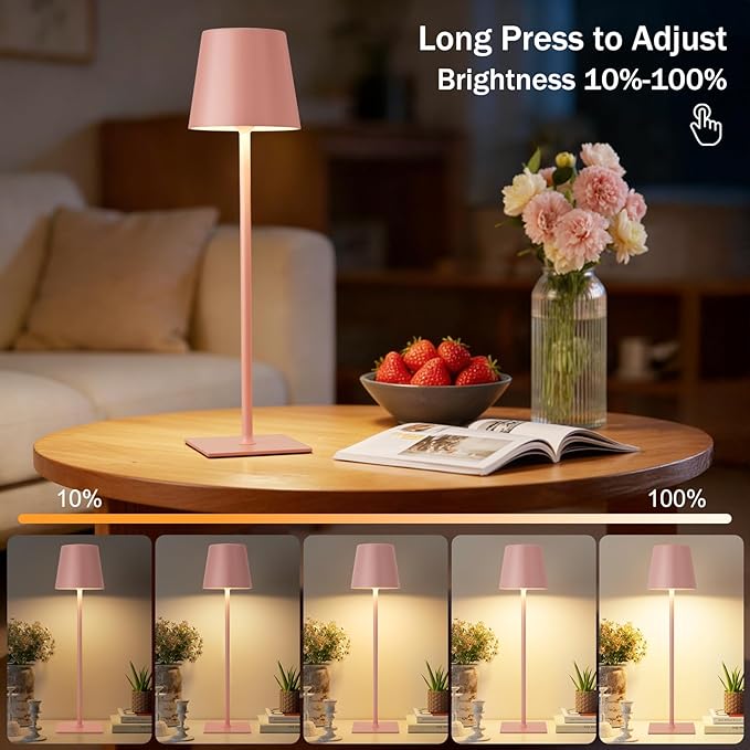 Pink Cordless Rechargeable Table Lamp, 2 Pack Portable Desk Lamp with 5000mAh Battery, Touch Control Stepless Dimming, Wireless Night Light for Dining, Outdoor Camping, Coffee Shop, Waterproof Design