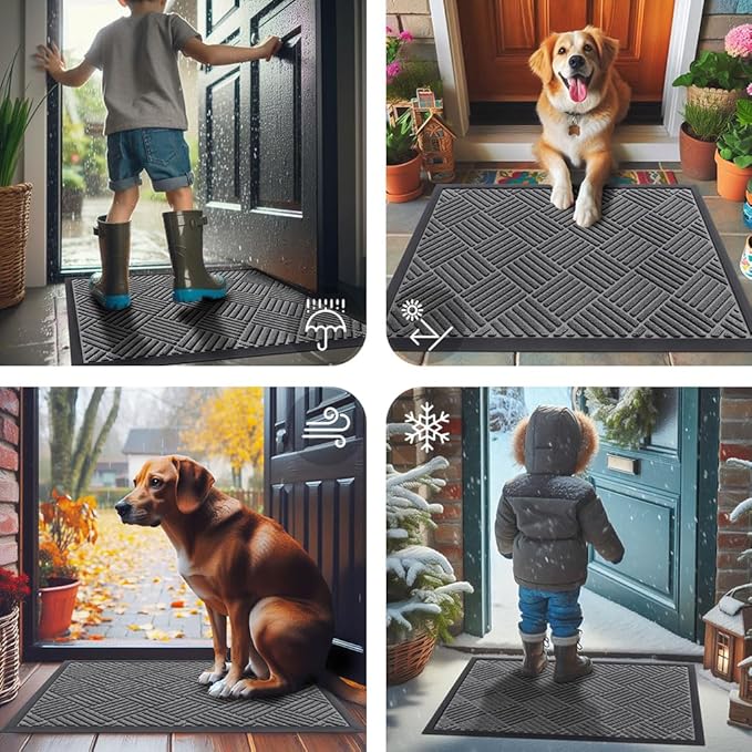 Smiry Front Door Mat Outside Entrance, Heavy Duty Outdoor Indoor Natural Rubber Doormat, Non Slip, Trap Dirt and Moisture, Easy Clean, Low Profile Patio Porch Entryway Mat, 35x23, Grey