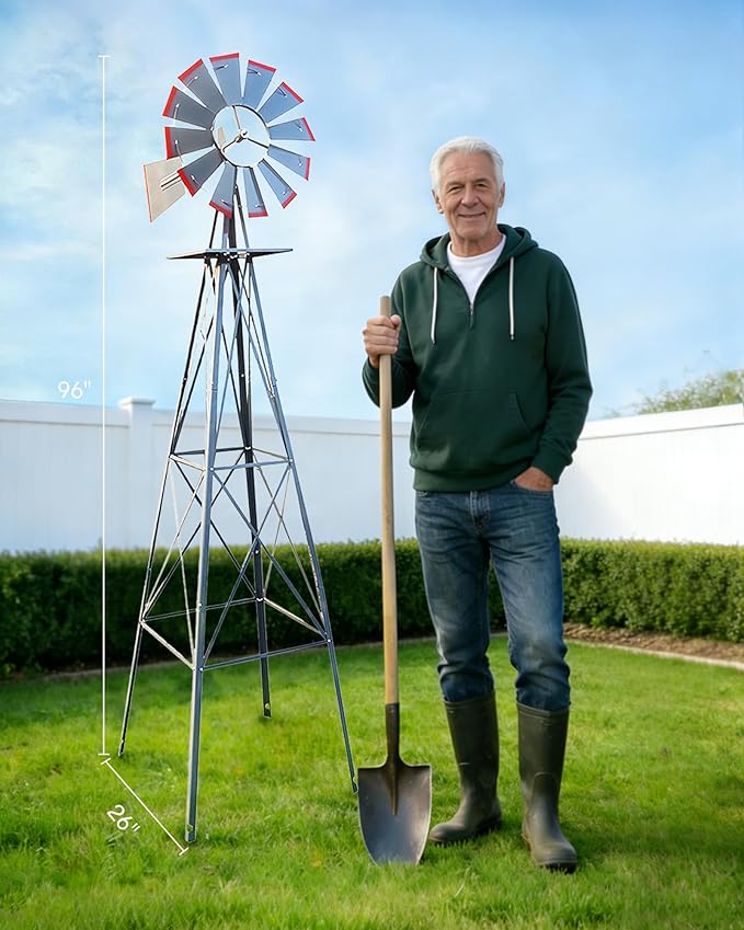 8FT Windmill for Yard Garden Decoration with Weather Vanes，Heavy Duty Outdoor Wind Mills, Large Metal Outdoor Windmill,Weather Resistant,Gray