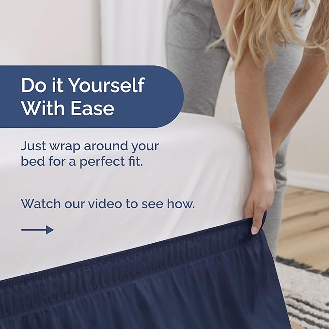 Wrap Around Dust Ruffle Bed Skirt - Navy Blue - for King Size Beds with 21 Inch Drop - Elastic Strap - Adjustable Pleated Bedskirt with Brushed Fabric and Wrinkle Free - for Women, Men, Kids & Teens