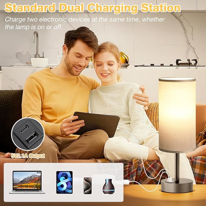 Small Touch Bedside Lamp with USB - 3 Way Dimmable Grey Table Lamp for Bedroom, Nightstand Lamp with Charging Station for Desk Dorm, Office